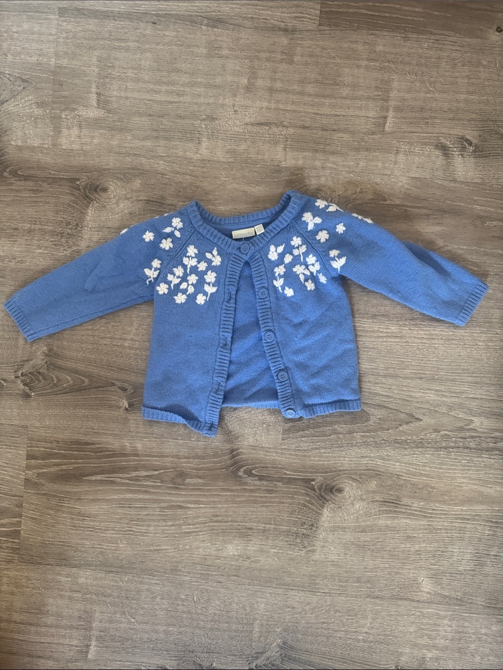 JoJo Maman Bebe Blue Knit Cardigan with White Floral Embroidery